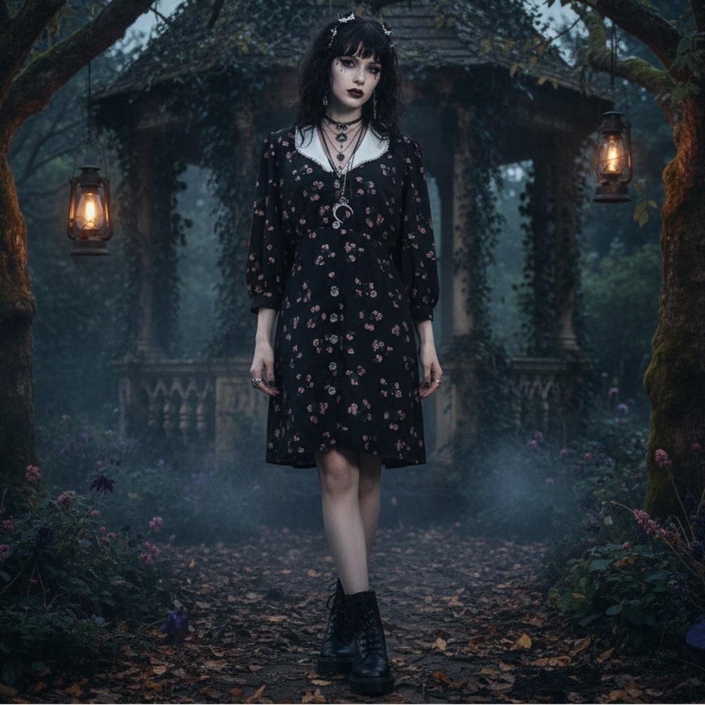 Sister Jane Puff Sleeve Collard Ink Dark Floral Sz L Goth Whimsigoth Dress